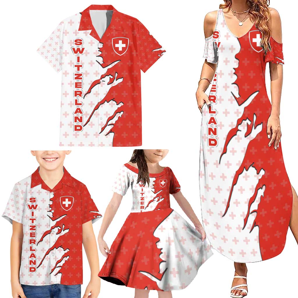 Switzerland Map Scratch Claw Swiss Flag Family Matching Summer Maxi Dress and Hawaiian Shirt with Vertical Text - Wonder Print Shop