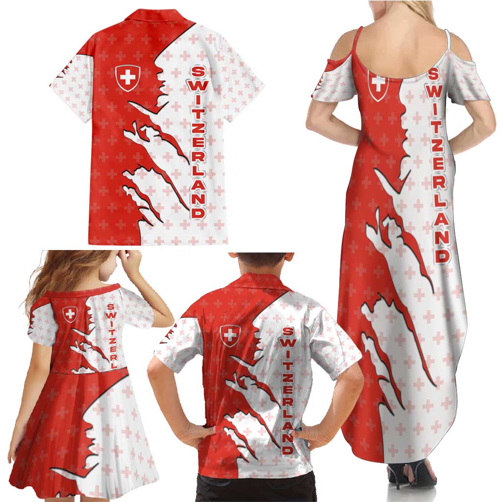 Switzerland Map Scratch Claw Swiss Flag Family Matching Summer Maxi Dress and Hawaiian Shirt with Vertical Text - Wonder Print Shop