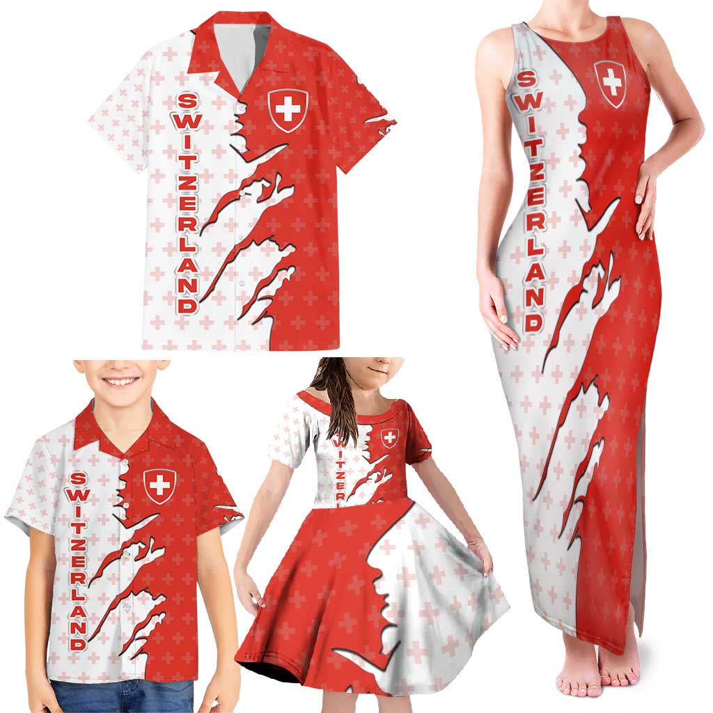 Switzerland Map Scratch Claw Swiss Flag Family Matching Tank Maxi Dress and Hawaiian Shirt with Vertical Text - Wonder Print Shop