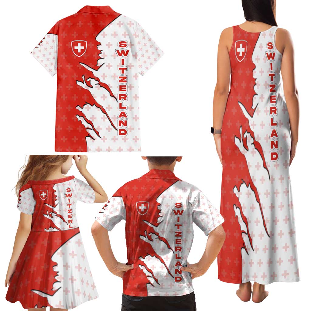 Switzerland Map Scratch Claw Swiss Flag Family Matching Tank Maxi Dress and Hawaiian Shirt with Vertical Text - Wonder Print Shop