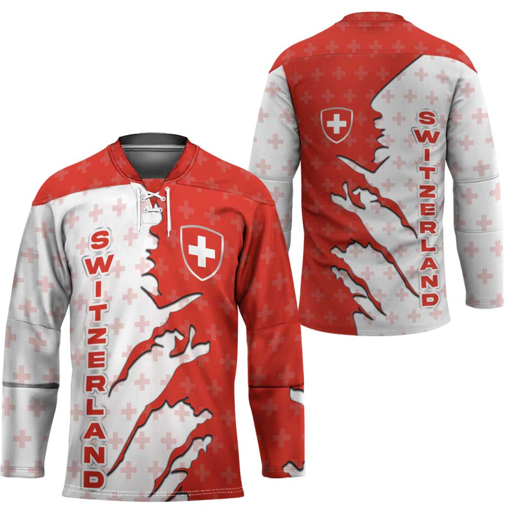 Switzerland Map Scratch Claw Swiss Flag Hockey Jersey with Vertical Text - Wonder Print Shop