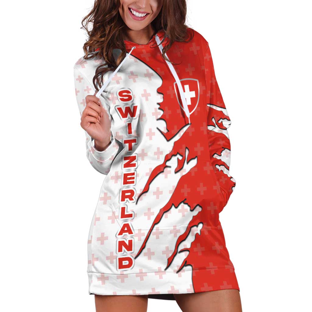 Switzerland Map Scratch Claw Swiss Flag Hoodie Dress with Vertical Text - Wonder Print Shop