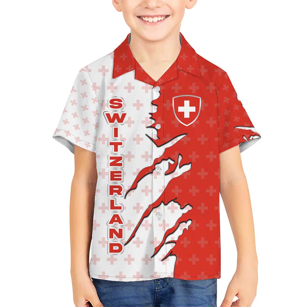 Switzerland Map Scratch Claw Swiss Flag Kid Hawaiian Shirt with Vertical Text - Wonder Print Shop