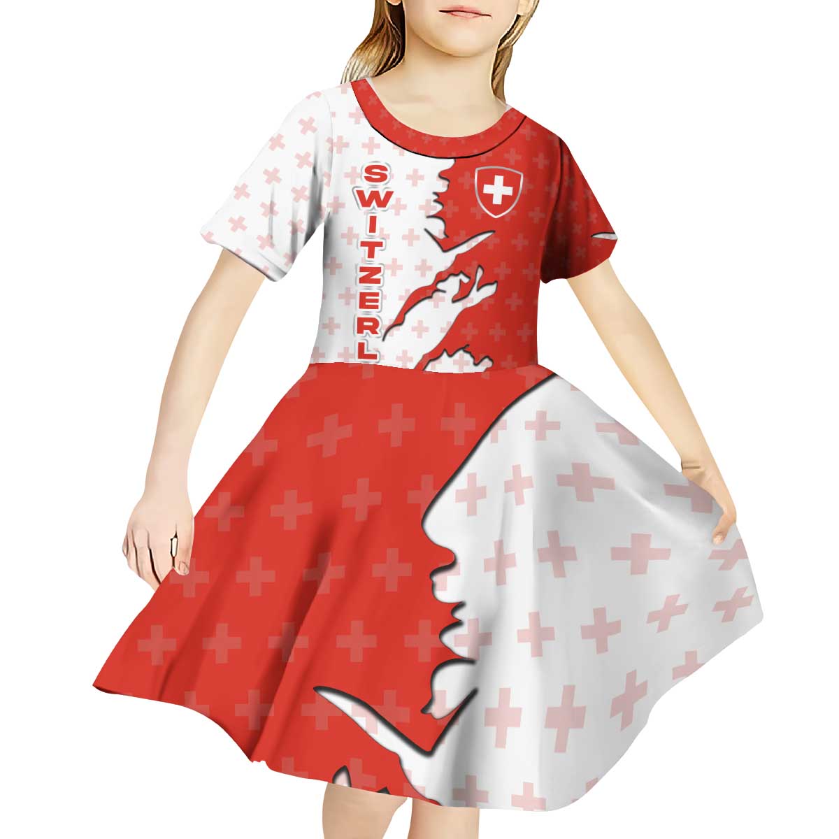 Switzerland Map Scratch Claw Swiss Flag Kid Short Sleeve Dress with Vertical Text - Wonder Print Shop