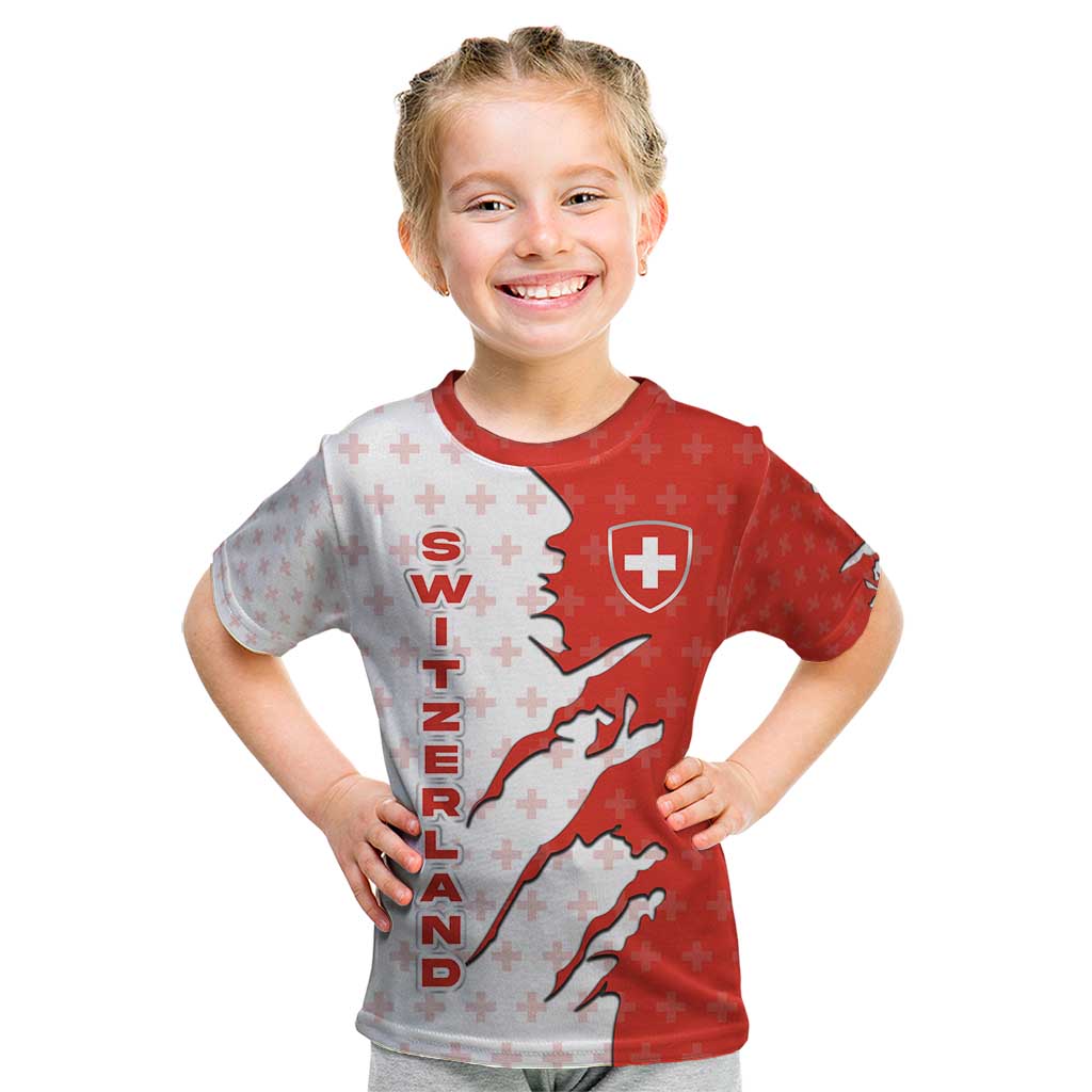 Switzerland Map Scratch Claw Swiss Flag Kid T Shirt with Vertical Text - Wonder Print Shop
