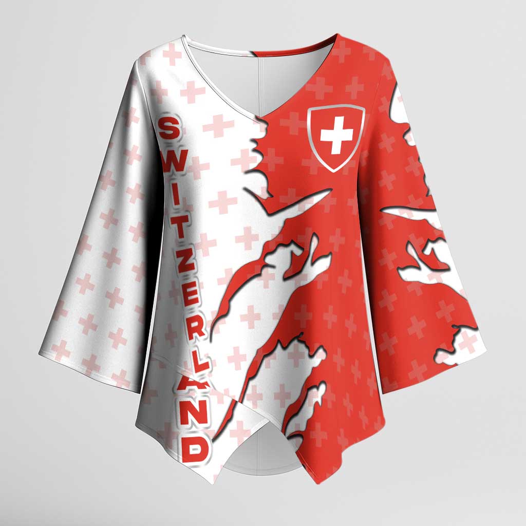Switzerland Map Scratch Claw Swiss Flag Kimono Sleeve Blouse with Vertical Text - Wonder Print Shop
