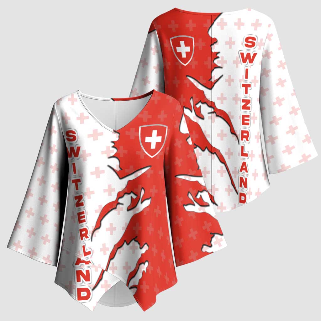 Switzerland Map Scratch Claw Swiss Flag Kimono Sleeve Blouse with Vertical Text - Wonder Print Shop