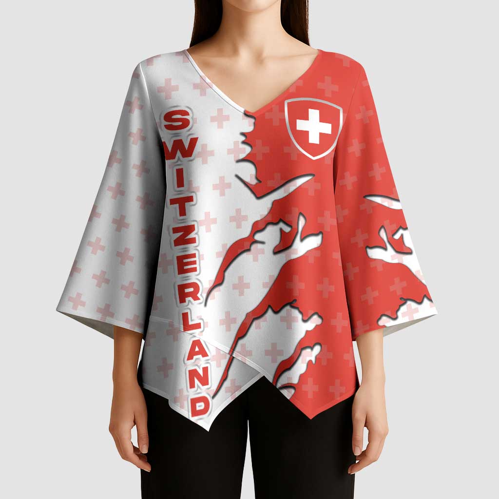 Switzerland Map Scratch Claw Swiss Flag Kimono Sleeve Blouse with Vertical Text - Wonder Print Shop
