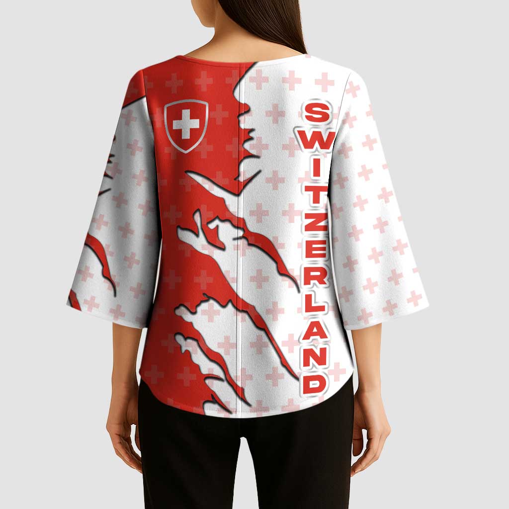 Switzerland Map Scratch Claw Swiss Flag Kimono Sleeve Blouse with Vertical Text - Wonder Print Shop