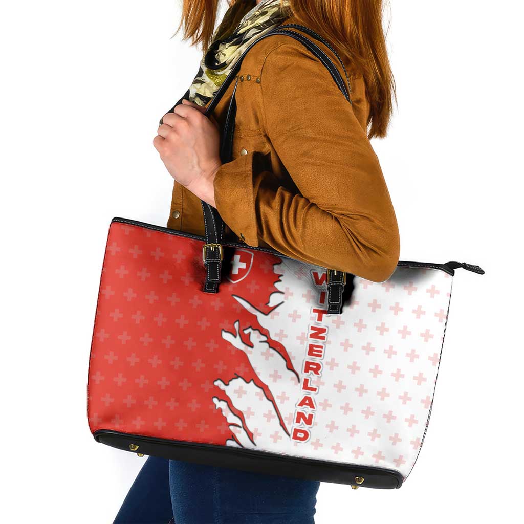 Switzerland Map Scratch Claw Swiss Flag Leather Tote Bag with Vertical Text - Wonder Print Shop