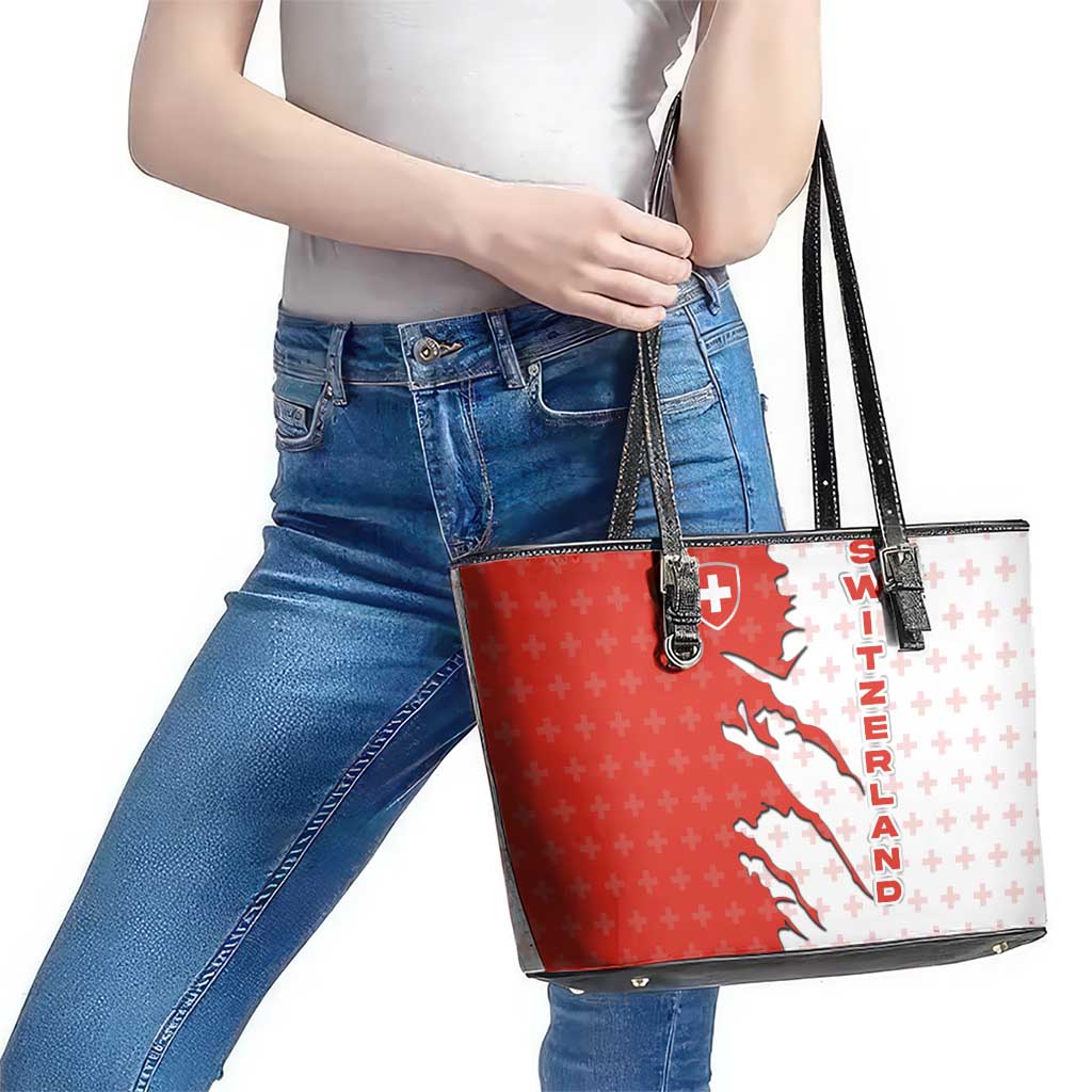 Switzerland Map Scratch Claw Swiss Flag Leather Tote Bag with Vertical Text - Wonder Print Shop