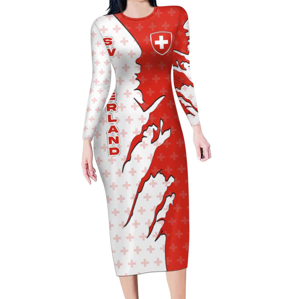 Switzerland Map Scratch Claw Swiss Flag Long Sleeve Bodycon Dress with Vertical Text - Wonder Print Shop
