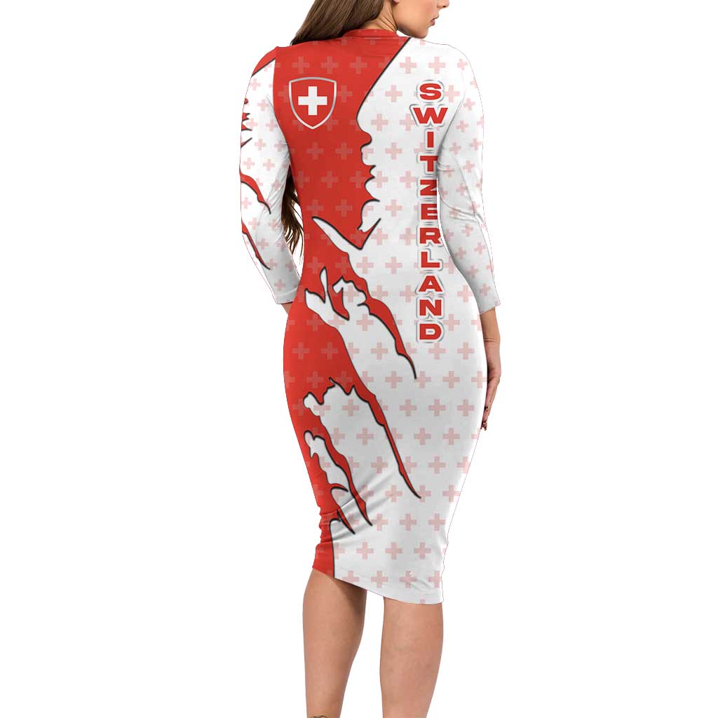 Switzerland Map Scratch Claw Swiss Flag Long Sleeve Bodycon Dress with Vertical Text - Wonder Print Shop