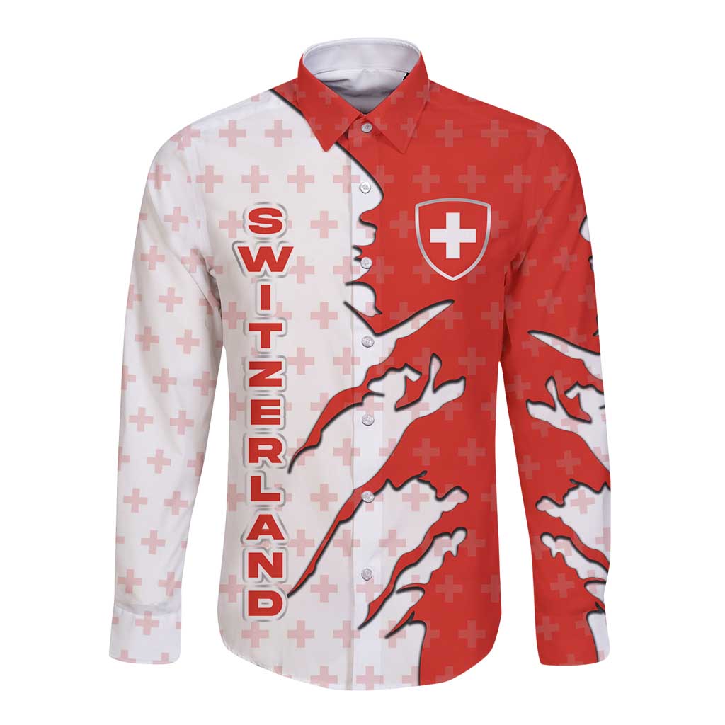 Switzerland Map Scratch Claw Swiss Flag Long Sleeve Button Shirt with Vertical Text - Wonder Print Shop