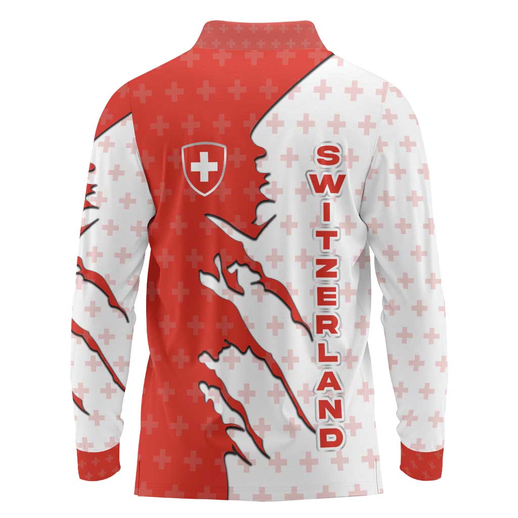 Switzerland Map Scratch Claw Swiss Flag Long Sleeve Polo Shirt with Vertical Text - Wonder Print Shop