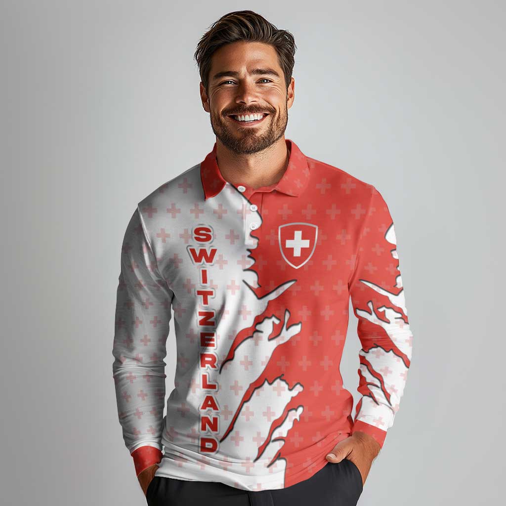 Switzerland Map Scratch Claw Swiss Flag Long Sleeve Polo Shirt with Vertical Text - Wonder Print Shop