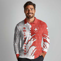 Switzerland Map Scratch Claw Swiss Flag Long Sleeve Polo Shirt with Vertical Text - Wonder Print Shop