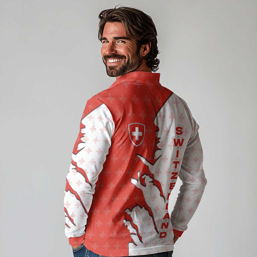 Switzerland Map Scratch Claw Swiss Flag Long Sleeve Polo Shirt with Vertical Text - Wonder Print Shop