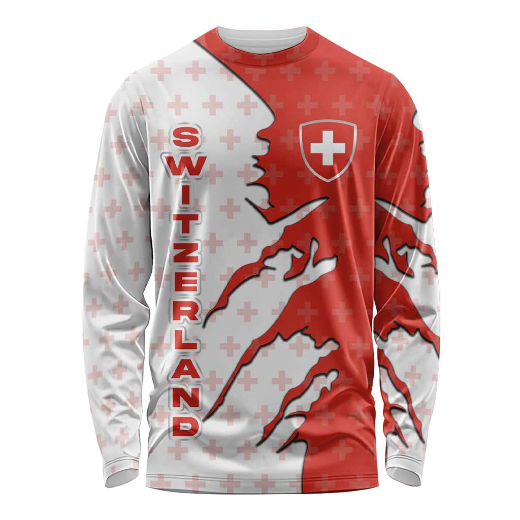Switzerland Map Scratch Claw Swiss Flag Long Sleeve Shirt with Vertical Text - Wonder Print Shop
