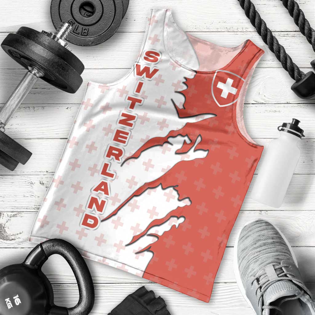 Switzerland Map Scratch Claw Swiss Flag Men Tank Top with Vertical Text - Wonder Print Shop