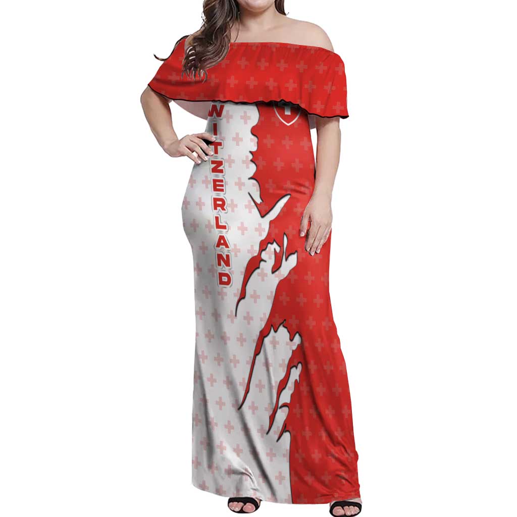 Switzerland Map Scratch Claw Swiss Flag Off Shoulder Maxi Dress with Vertical Text - Wonder Print Shop