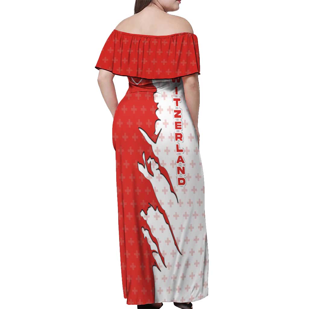 Switzerland Map Scratch Claw Swiss Flag Off Shoulder Maxi Dress with Vertical Text - Wonder Print Shop