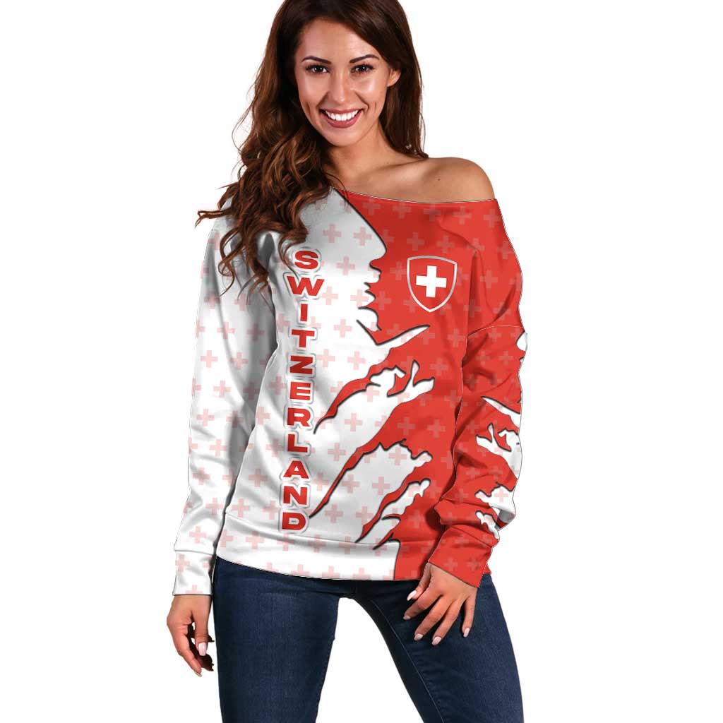 Switzerland Map Scratch Claw Swiss Flag Off Shoulder Sweater with Vertical Text - Wonder Print Shop