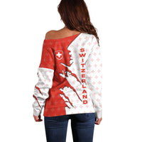 Switzerland Map Scratch Claw Swiss Flag Off Shoulder Sweater with Vertical Text - Wonder Print Shop