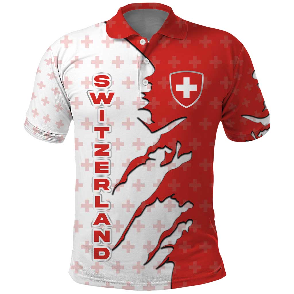 Switzerland Map Scratch Claw Swiss Flag Polo Shirt with Vertical Text - Wonder Print Shop