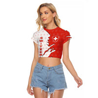 Switzerland Map Scratch Claw Swiss Flag Raglan Cropped T Shirt with Vertical Text - Wonder Print Shop