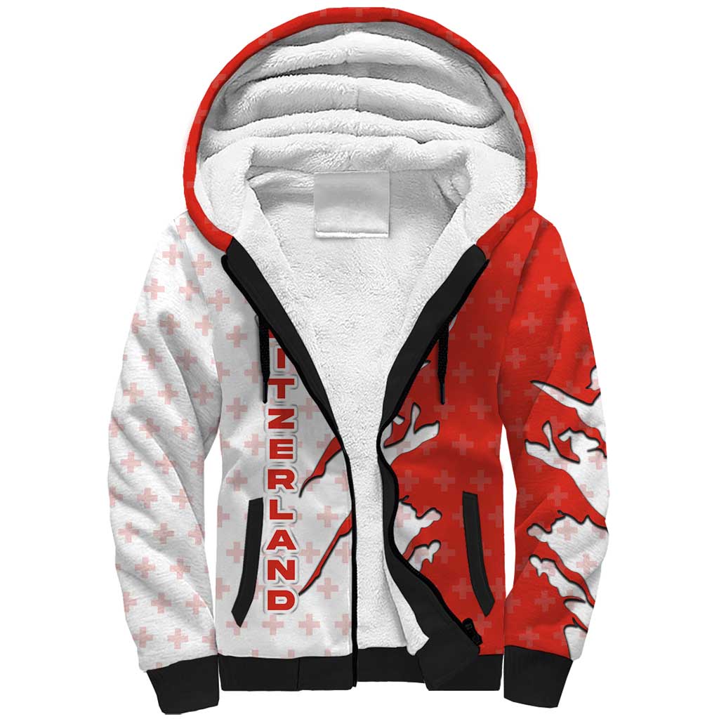 Switzerland Map Scratch Claw Swiss Flag Sherpa Hoodie with Vertical Text - Wonder Print Shop