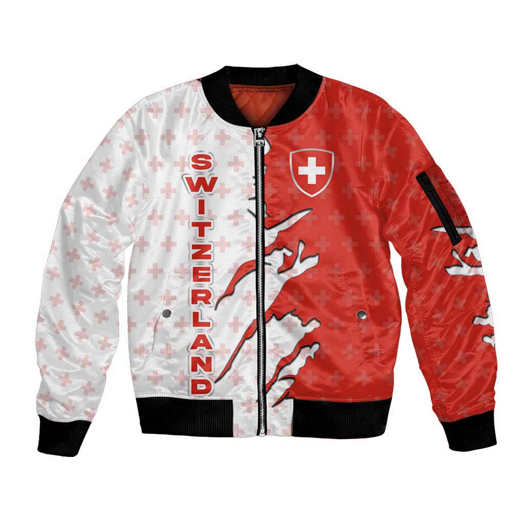 Switzerland Map Scratch Claw Swiss Flag Sleeve Zip Bomber Jacket with Vertical Text - Wonder Print Shop