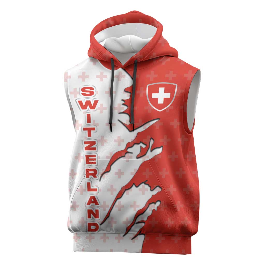Switzerland Map Scratch Claw Swiss Flag Sleeveless Hoodie with Vertical Text - Wonder Print Shop