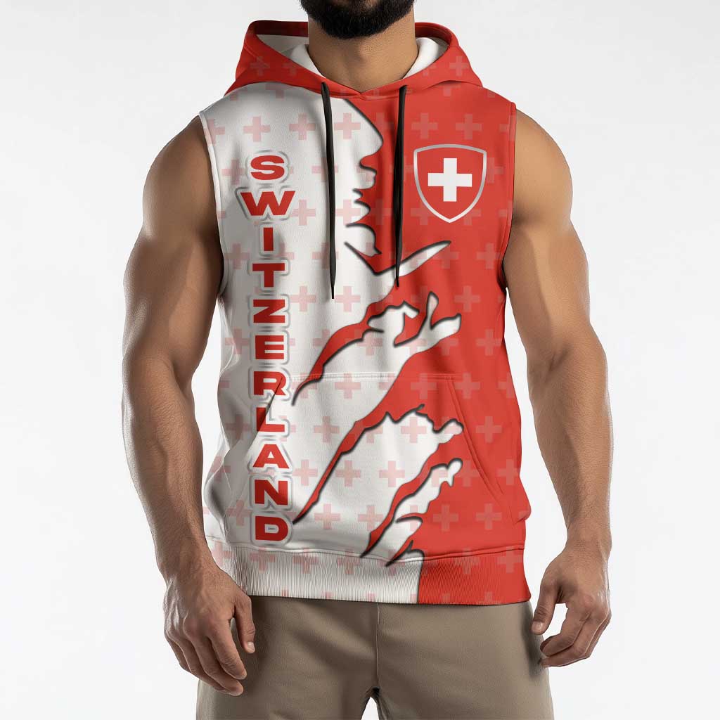 Switzerland Map Scratch Claw Swiss Flag Sleeveless Hoodie with Vertical Text - Wonder Print Shop