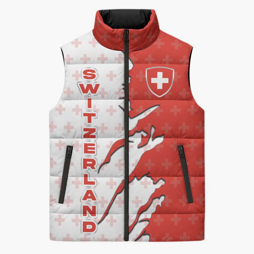 Switzerland Map Scratch Claw Swiss Flag Sleeveless Puffer Jacket with Vertical Text - Wonder Print Shop