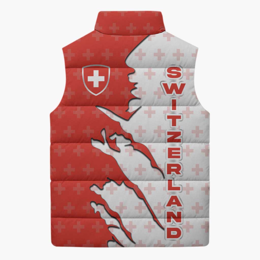 Switzerland Map Scratch Claw Swiss Flag Sleeveless Puffer Jacket with Vertical Text - Wonder Print Shop