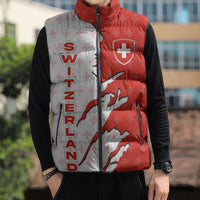 Switzerland Map Scratch Claw Swiss Flag Sleeveless Puffer Jacket with Vertical Text - Wonder Print Shop