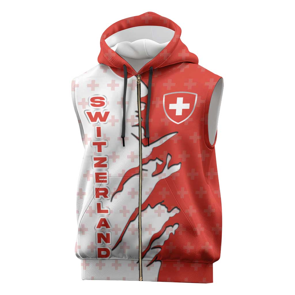 Switzerland Map Scratch Claw Swiss Flag Sleeveless Zip Hoodie with Vertical Text - Wonder Print Shop