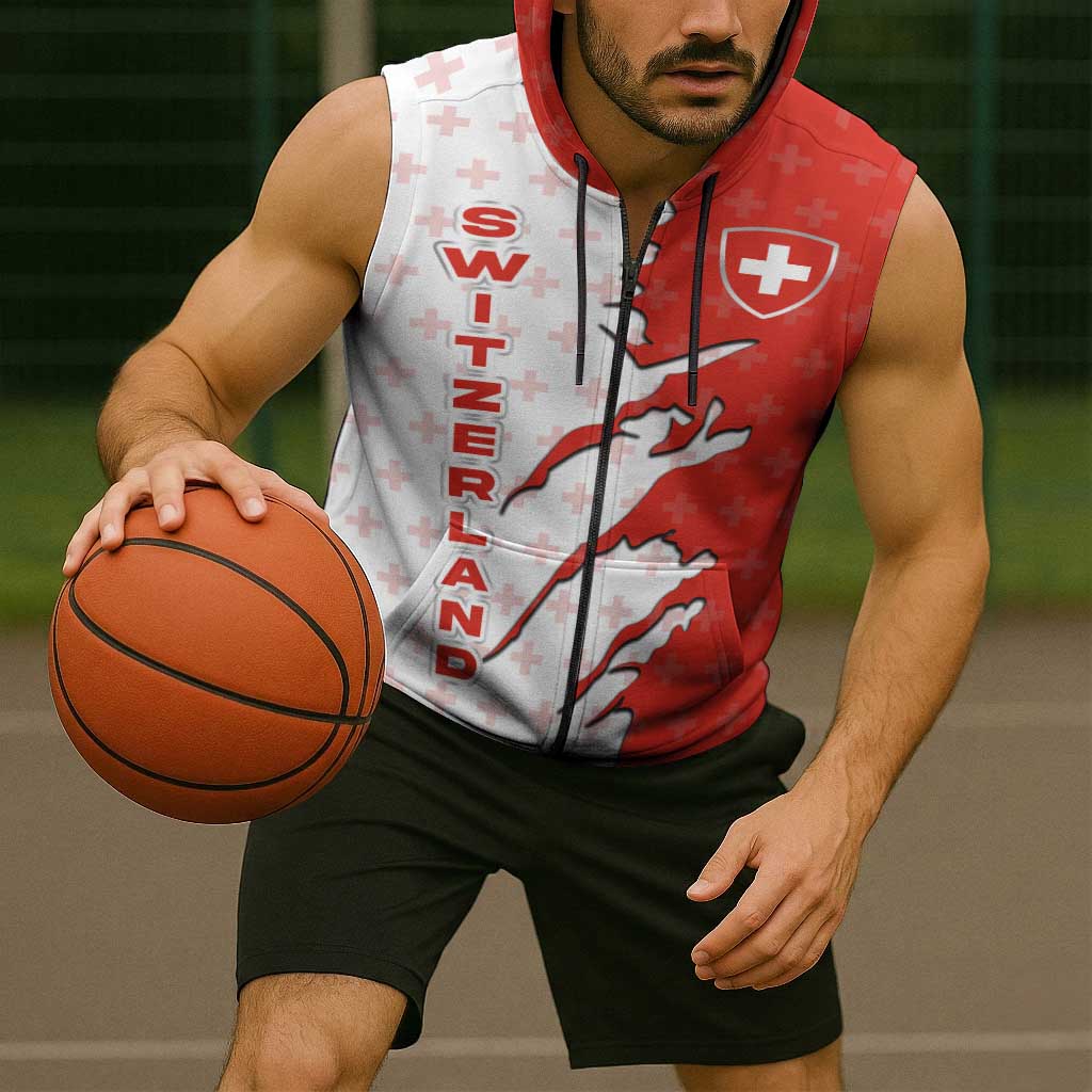 Switzerland Map Scratch Claw Swiss Flag Sleeveless Zip Hoodie with Vertical Text - Wonder Print Shop