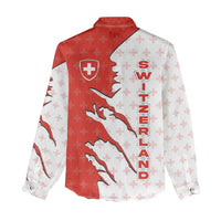 Switzerland Map Scratch Claw Swiss Flag Women Casual Shirt with Vertical Text - Wonder Print Shop