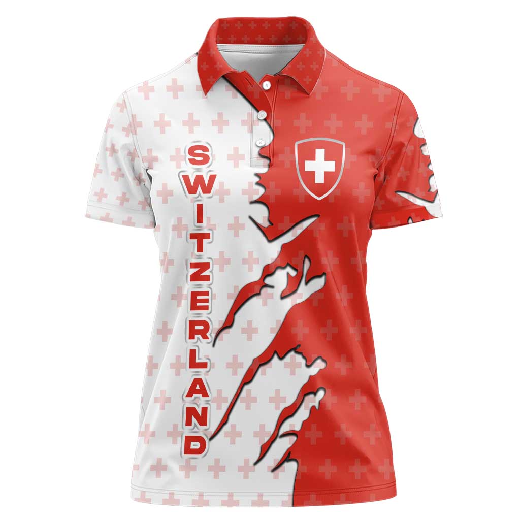 Switzerland Map Scratch Claw Swiss Flag Women Polo Shirt with Vertical Text - Wonder Print Shop