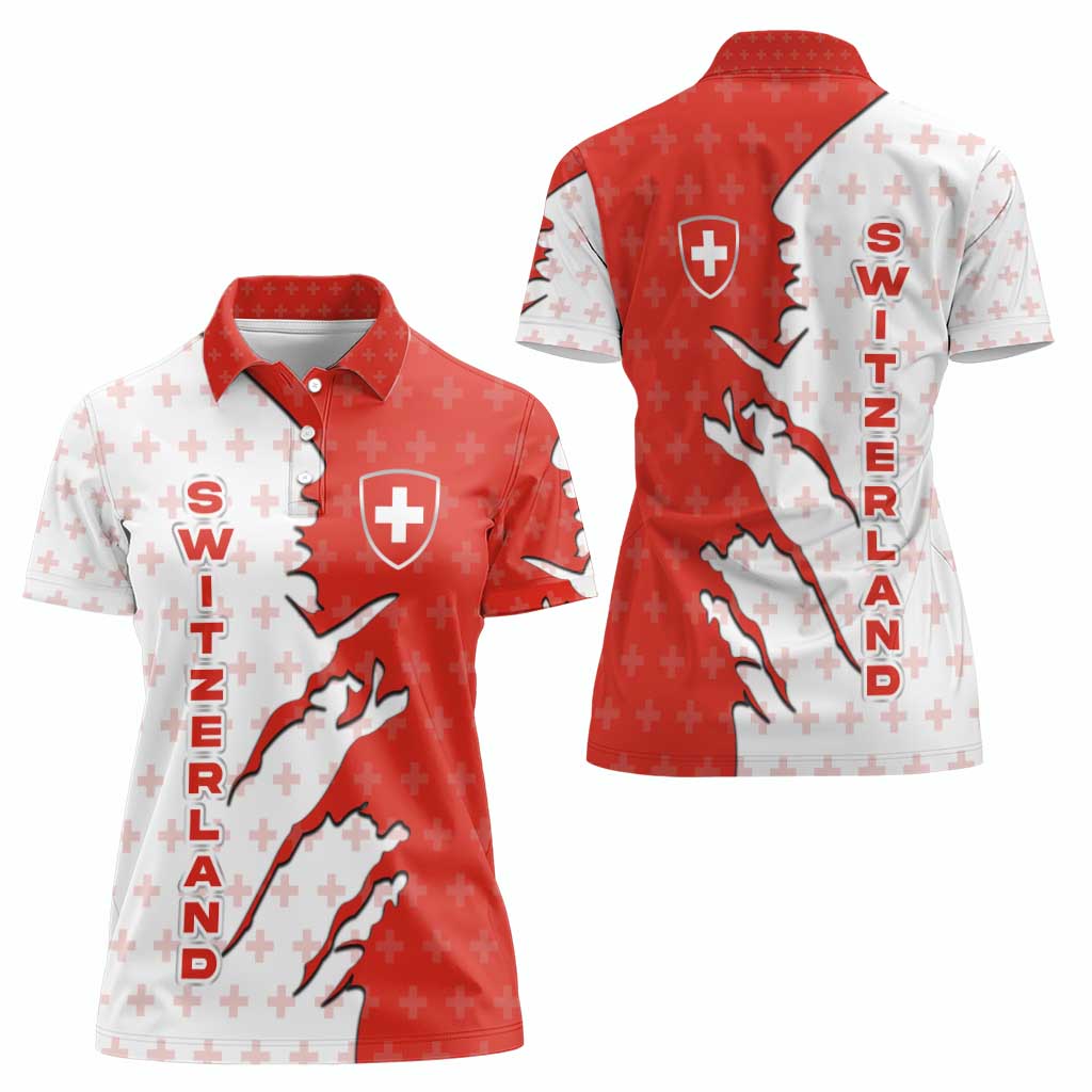Switzerland Map Scratch Claw Swiss Flag Women Polo Shirt with Vertical Text - Wonder Print Shop