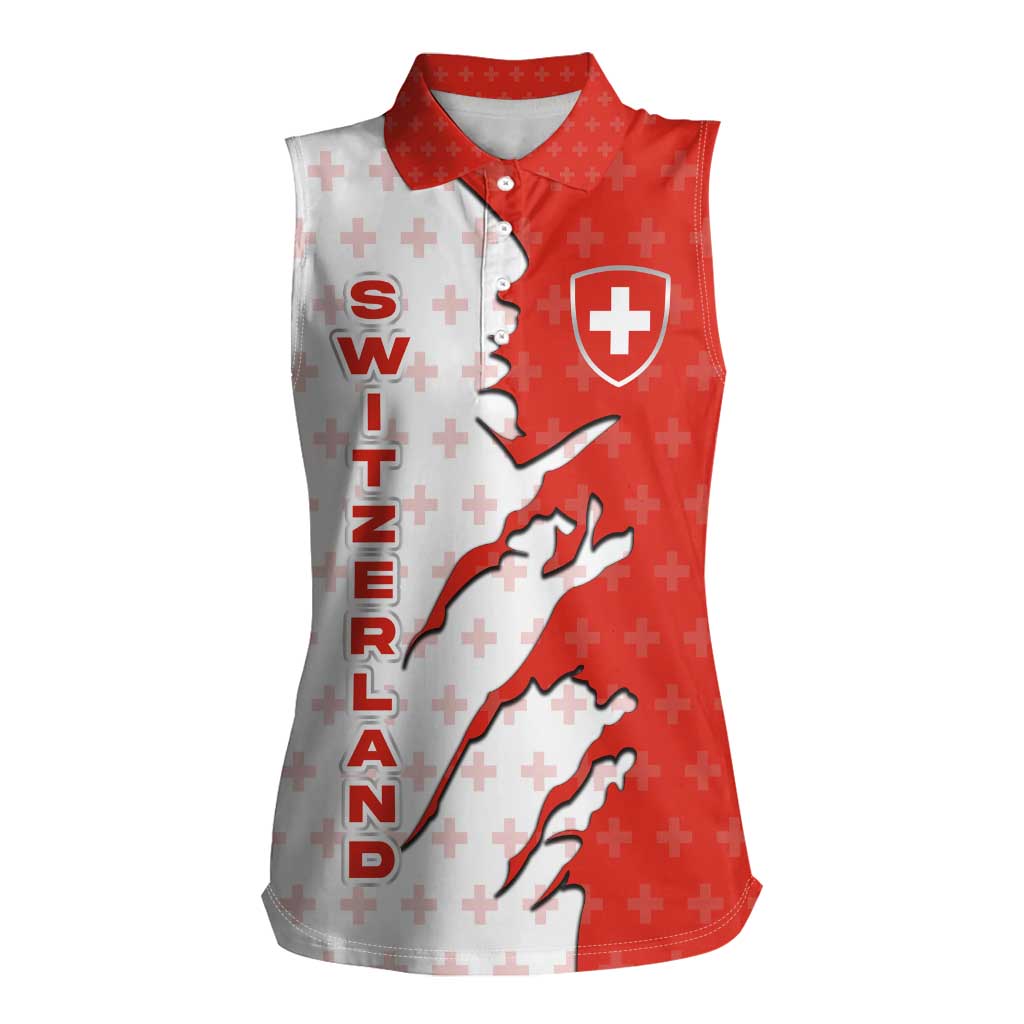 Switzerland Map Scratch Claw Swiss Flag Women Sleeveless Polo Shirt with Vertical Text - Wonder Print Shop