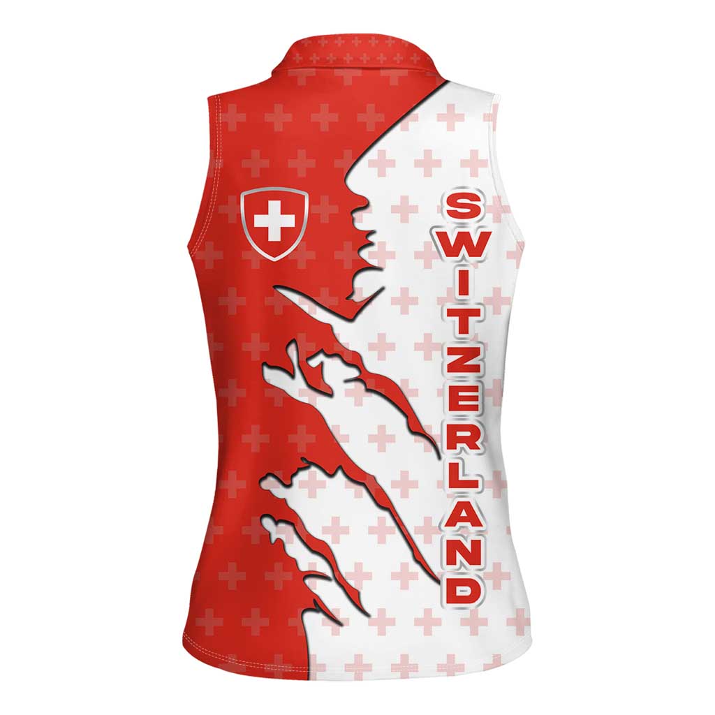 Switzerland Map Scratch Claw Swiss Flag Women Sleeveless Polo Shirt with Vertical Text - Wonder Print Shop