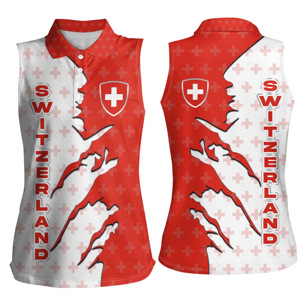 Switzerland Map Scratch Claw Swiss Flag Women Sleeveless Polo Shirt with Vertical Text - Wonder Print Shop