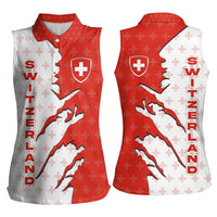 Switzerland Map Scratch Claw Swiss Flag Women Sleeveless Polo Shirt with Vertical Text - Wonder Print Shop