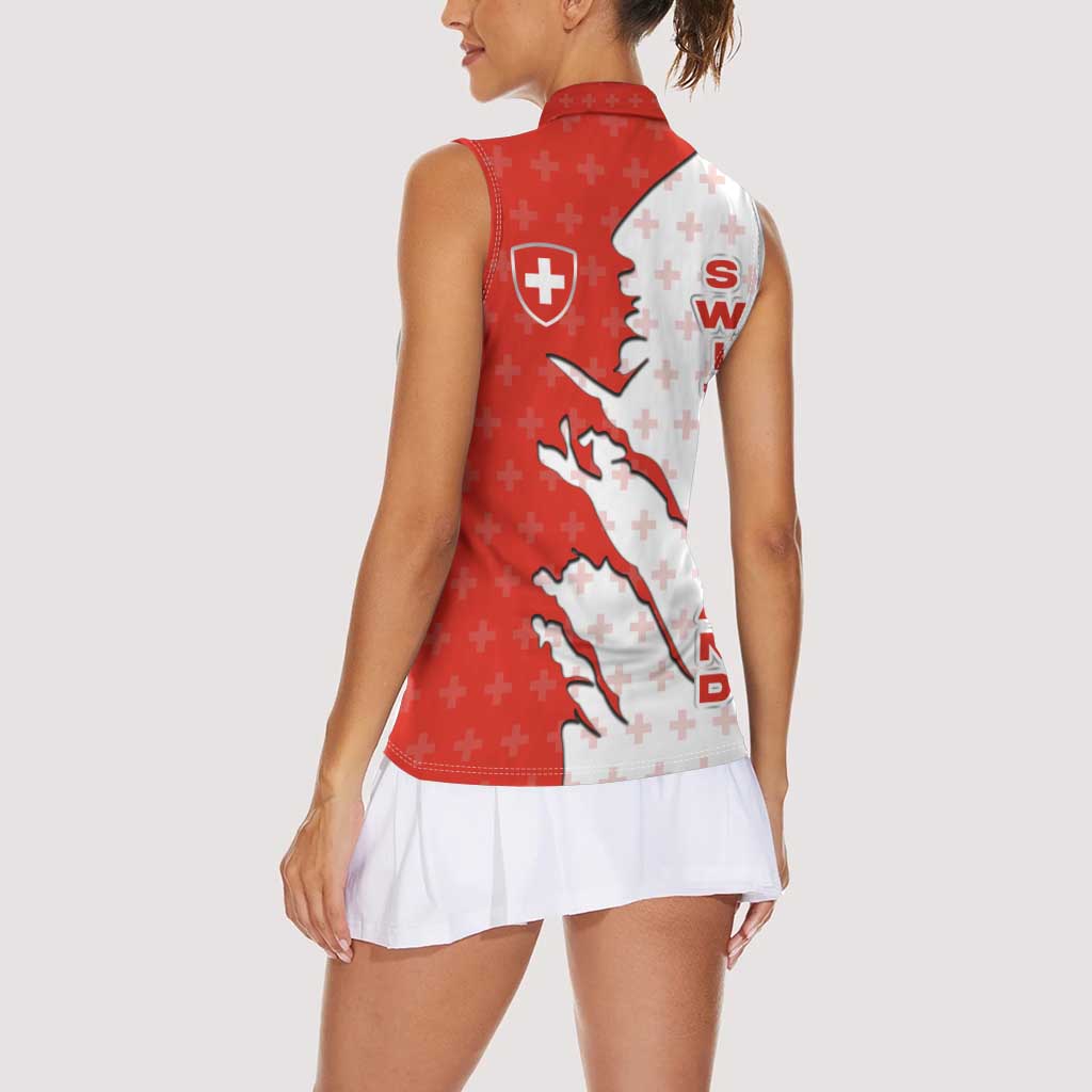 Switzerland Map Scratch Claw Swiss Flag Women Sleeveless Polo Shirt with Vertical Text - Wonder Print Shop