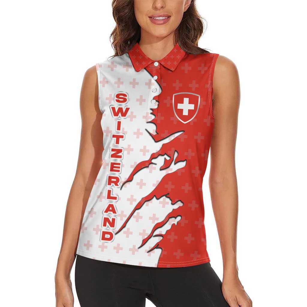 Switzerland Map Scratch Claw Swiss Flag Women Sleeveless Polo Shirt with Vertical Text - Wonder Print Shop