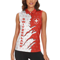 Switzerland Map Scratch Claw Swiss Flag Women Sleeveless Polo Shirt with Vertical Text - Wonder Print Shop