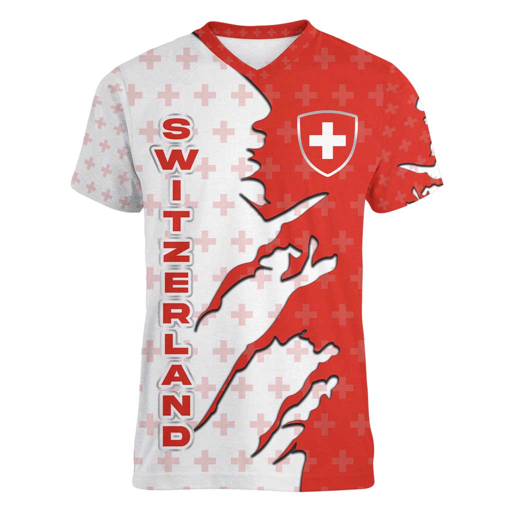 Switzerland Map Scratch Claw Swiss Flag Women V-Neck T-Shirt with Vertical Text - Wonder Print Shop
